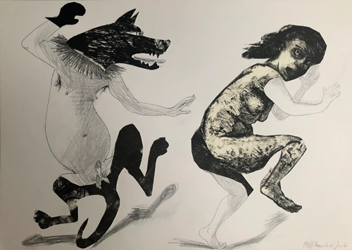 Marcelle Hanselaar, 'The Chase' 2020, pencil drawing and litho collage, unframed 30 x 42 cm