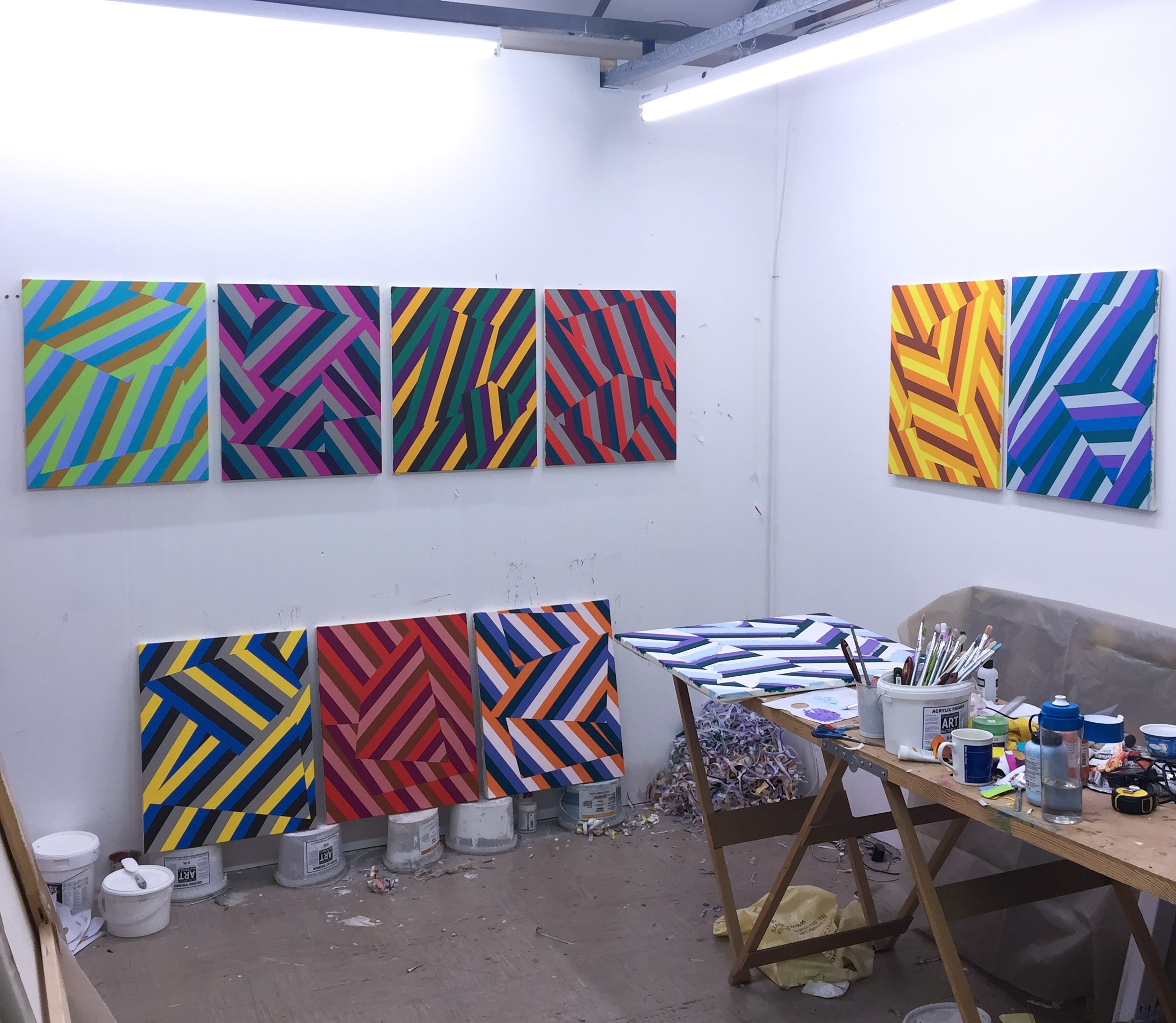Lineae paintings in the studio, 2018
