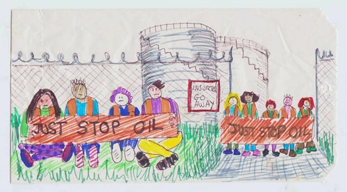 Drawing of JSO injunction breakers outside Kingsbury terminal, made while in Bronzefield after the action