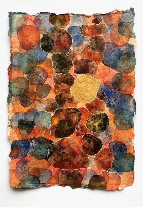 Whitney Jade Halstead Dombo 3 (Shona word for rock formation) 10.5cm x15.5cm  Watercolour and 18kt shell gold on 540g Indian handmade paper 2021