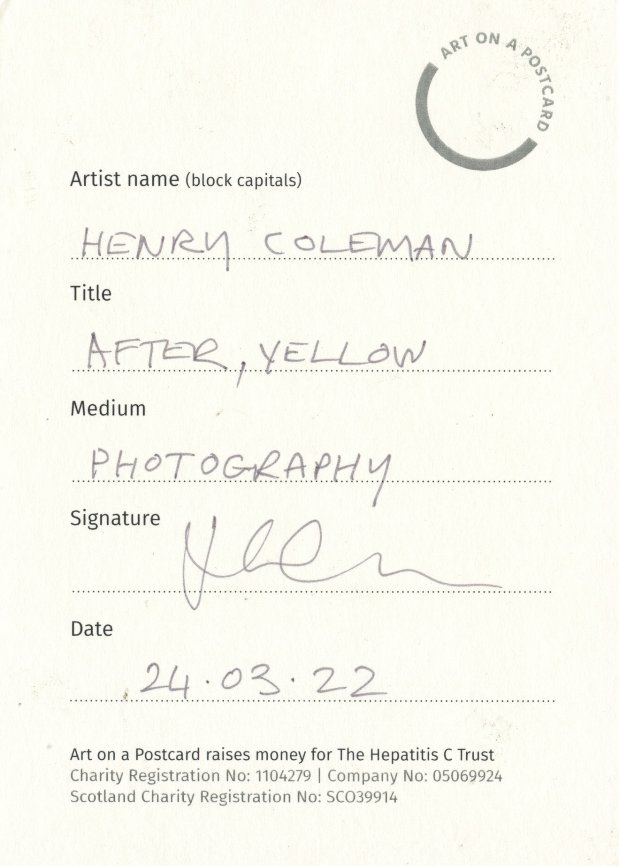 52. Henry Coleman - After, Yellow - BACK