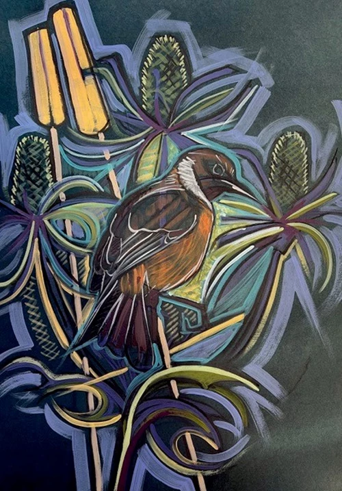 Stonechat with Sea Holly, 2022, by Kim Coley