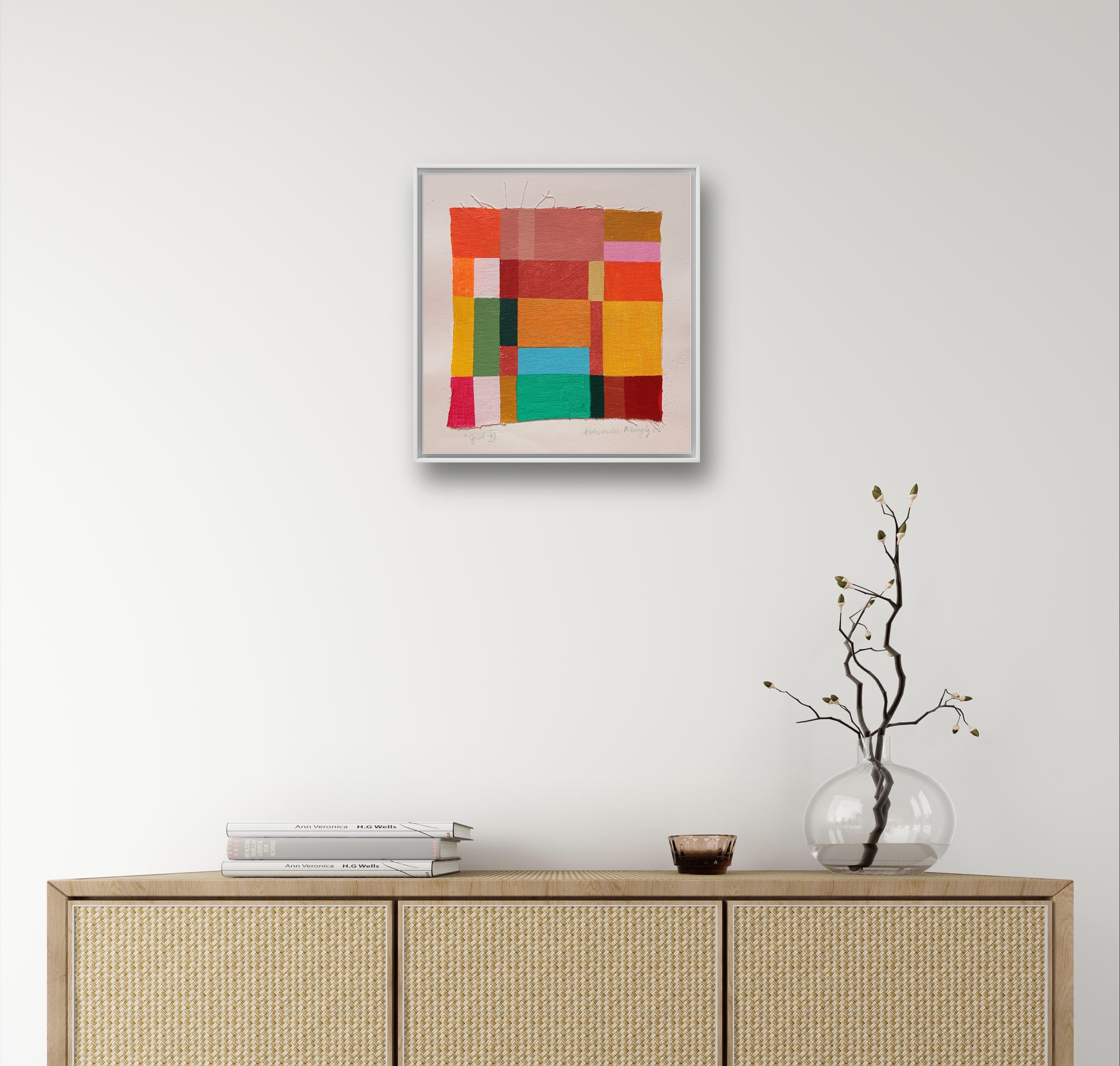 Color geometric,20x20cm, painting on paper, framing and scale example