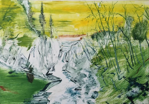 Calum McClure, Waterfall at Dusk, Yellow