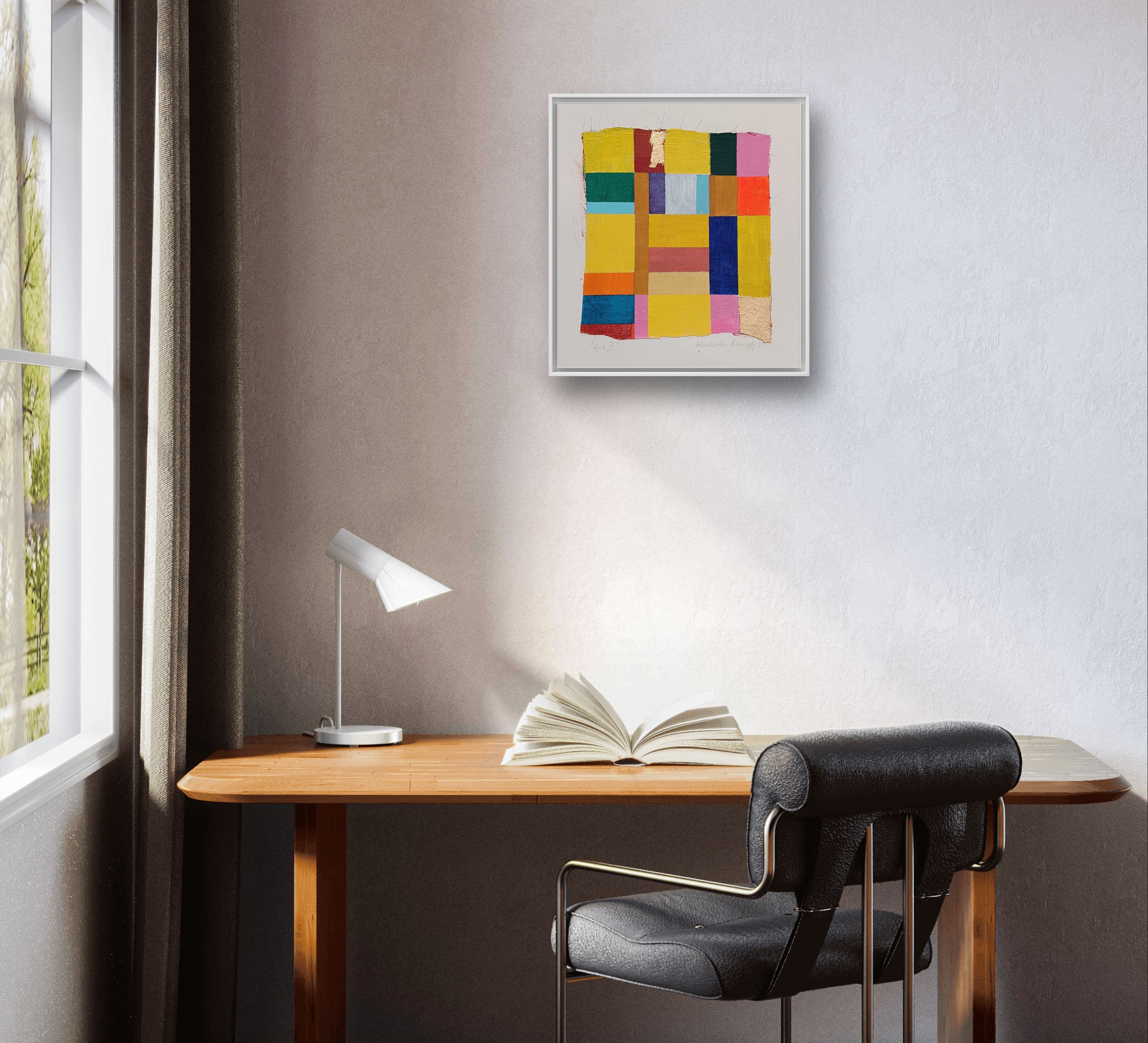 Yellow geometric, 20x20cm, painting on paper, framing and scale example